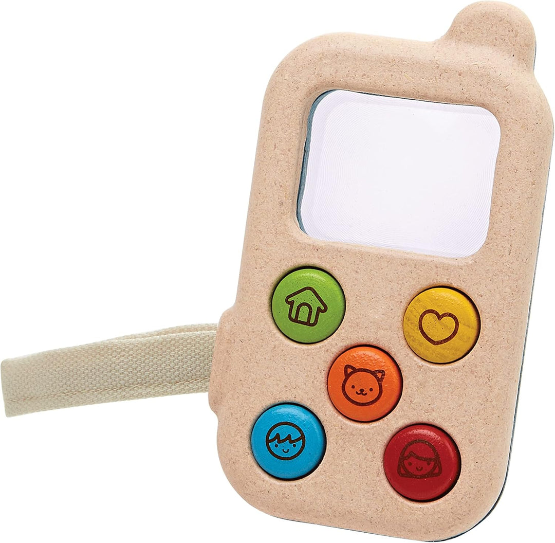PlanToys Mein erstes Handy - Kinder Handy aus Holz - Kindertelefon mit Lupenbildschirm - mit Handsch