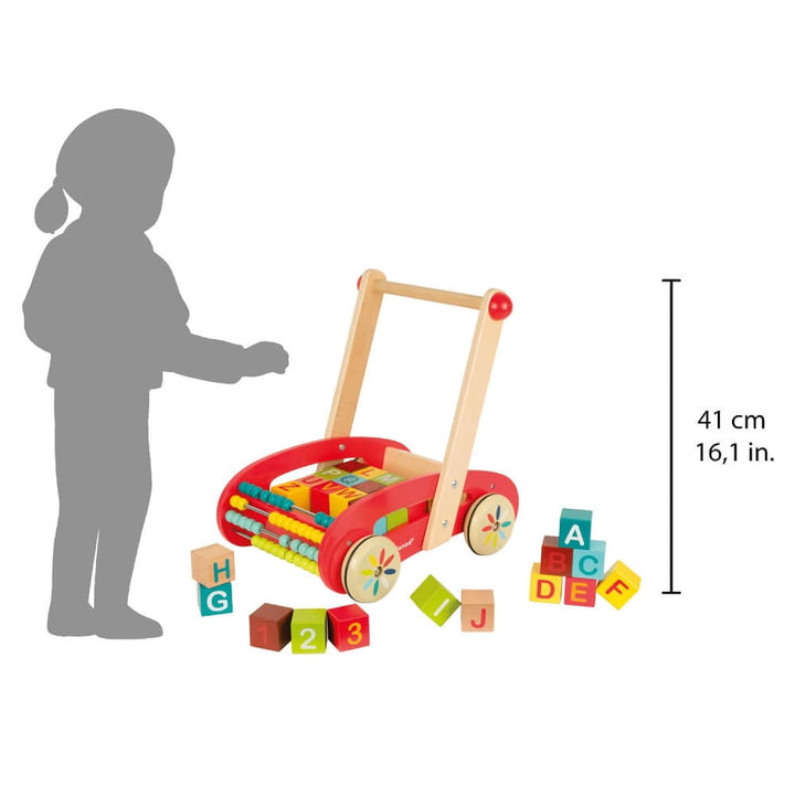 Janod - Tatoo Abc Buggy Wooden Walker for Children - 30 Blocks Included - For children from the Age