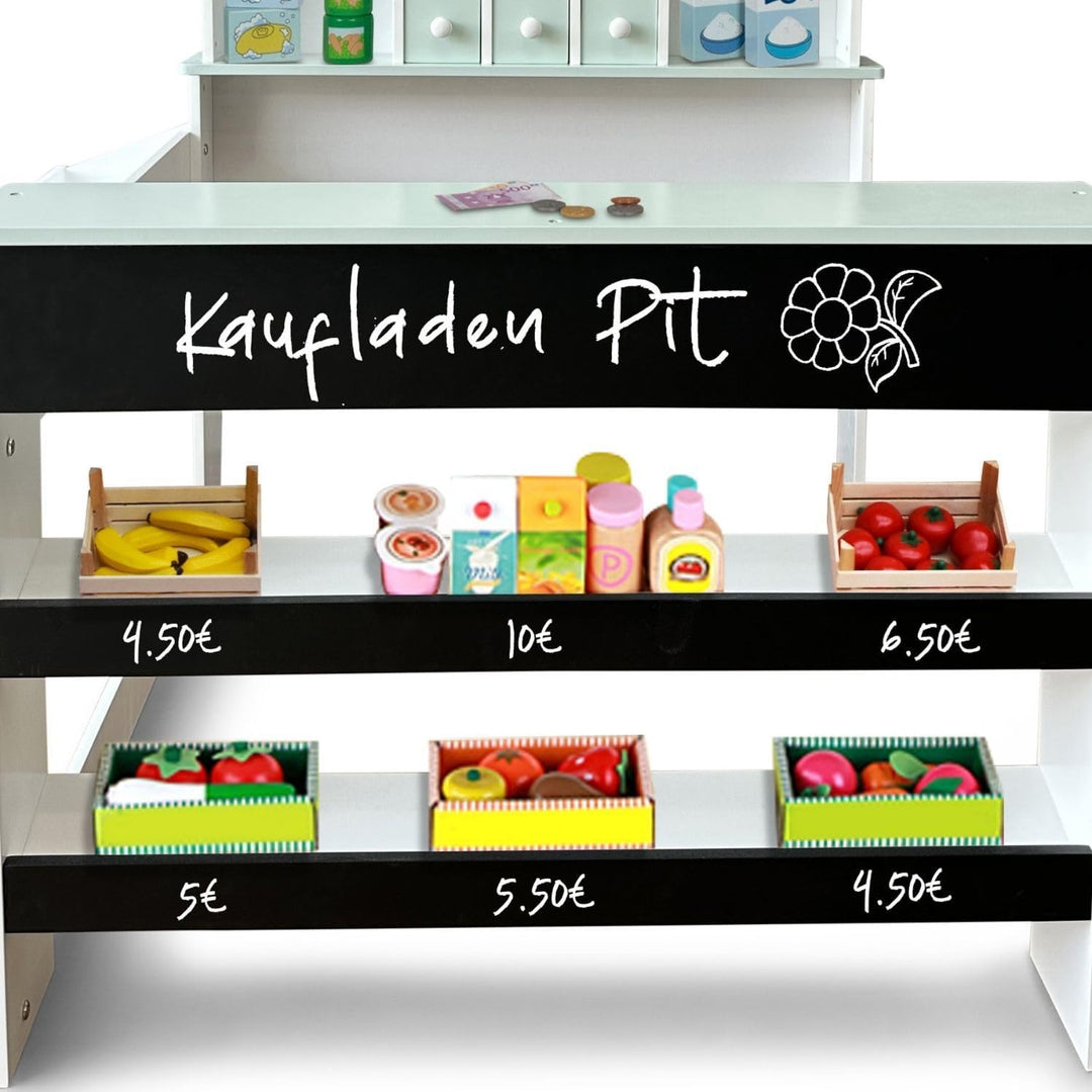 Kaufladen Pit aus Holz mit Preisschildern, wahlweise mit Spielkasse Linus, Kaufladen-Zubehör:ohne Ka