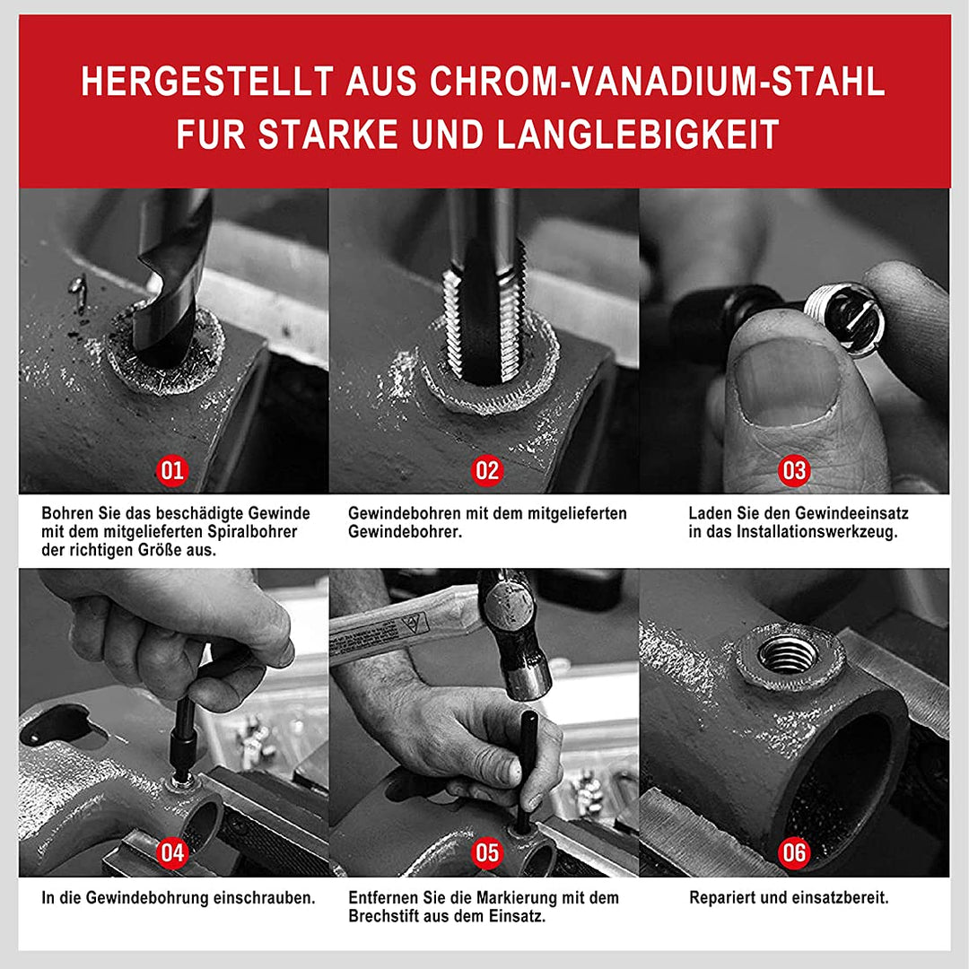 FOURROBBER 131-tlg Gewindereparatur Gewinde Reparatur Satz Werkzeug mit M5 M6 M8 M10 M12 Einsätze Hü
