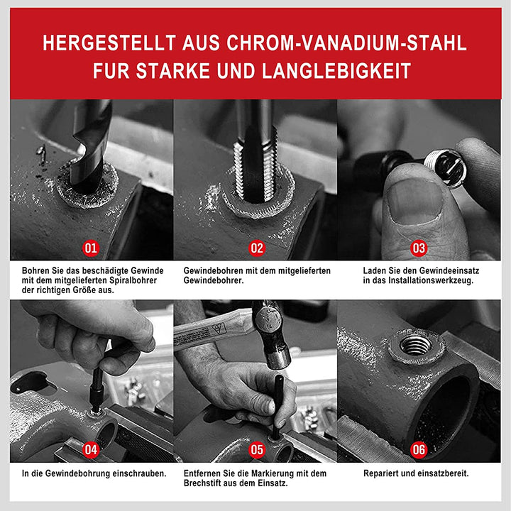 FOURROBBER 131-tlg Gewindereparatur Gewinde Reparatur Satz Werkzeug mit M5 M6 M8 M10 M12 Einsätze Hü