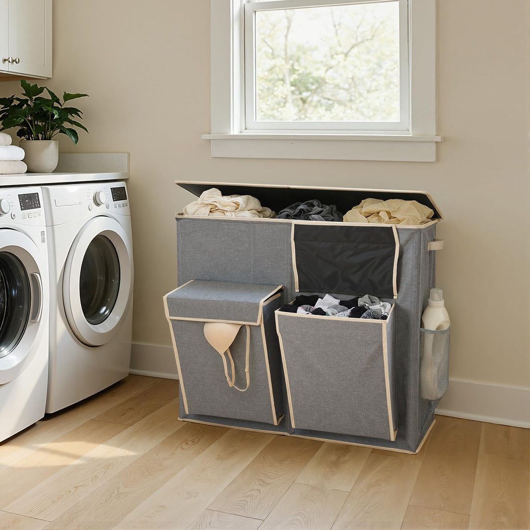 SOLEDI 220L Wäschekorb mit Deckel, Wäschesammler 3 Fächer mit 2 Seitentaschen, Laundr Baskets mit 3