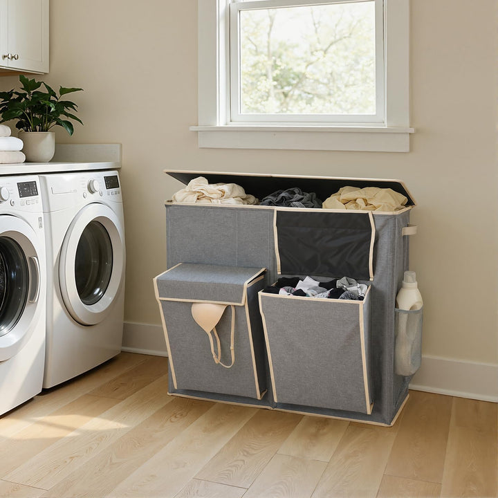 SOLEDI 220L Wäschekorb mit Deckel, Wäschesammler 3 Fächer mit 2 Seitentaschen, Laundr Baskets mit 3