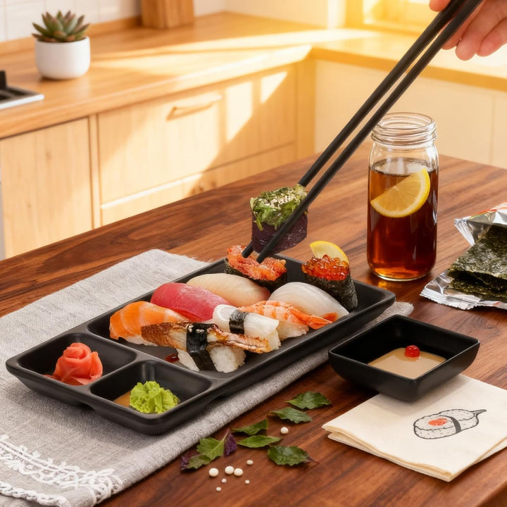 16-tlg. Japanisches Sushi Set Schwarz - Japanese Geschirr aus Melamin Enthält 4 Parr Sushi Stäbchen,