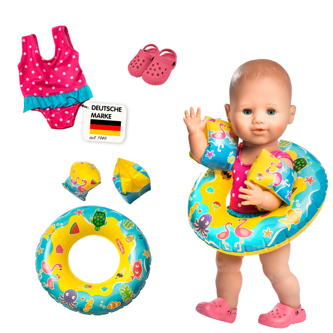 Heless 88 - Schwimm-Set für Puppen, Badeanzug, Clogs, Schwimmring und -flügel mit lustigen Bade- und