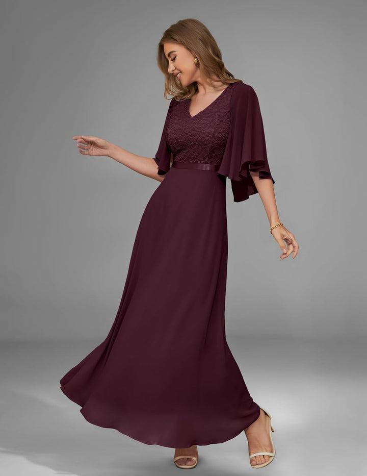 DRESSTELLS Abendkleid Damen Festlich Spitzenkleid für Hochzeit Chiffon Cape Ärmel Ballkleid Elegant