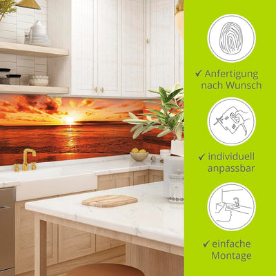 ARTLAND Küchenrückwand Glas mit Motiv Spritzschutz 60x55 cm Glänzend Design Sonnenuntergang Strand M