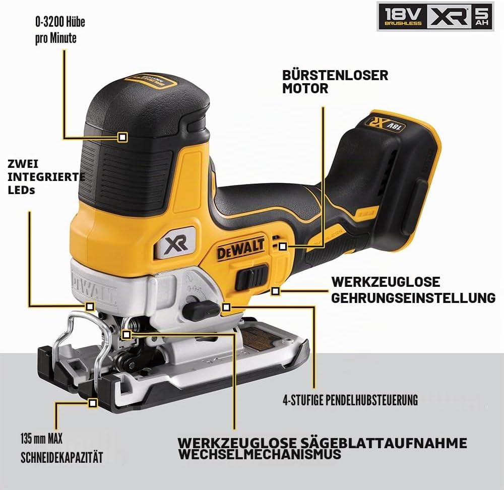 Dewalt 18V Akku-Pendelhubstichsäge DCS335NT (bürstenlos, verstellbarer Alu-Druckguss-Sägeschuh, 3-fa