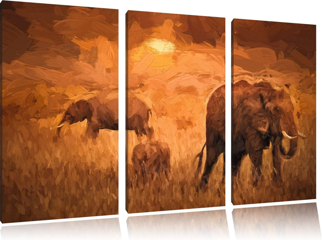 Pixxprint Elefanten in der Savanne als Leinwandbild/Grösse: 3 Teilig (120x80 cm) cm/Wandbild/Kunstdr