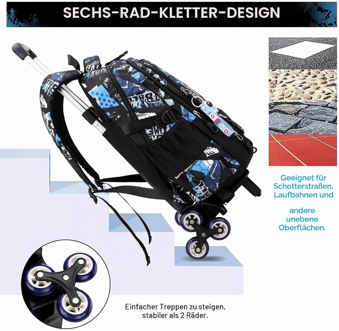 Amythe Schulrucksack Trolley für Jungen, Schulranzen mit Rollen für Kinder Teenager, Modischer Schul