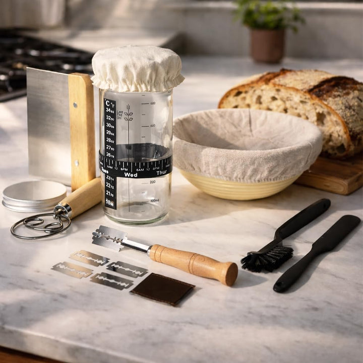 MikaMax Sauerteig Starter Set 10-teilig - Gärkorb Brot Set rund - Brotbackzubehör Komplettset - Brot