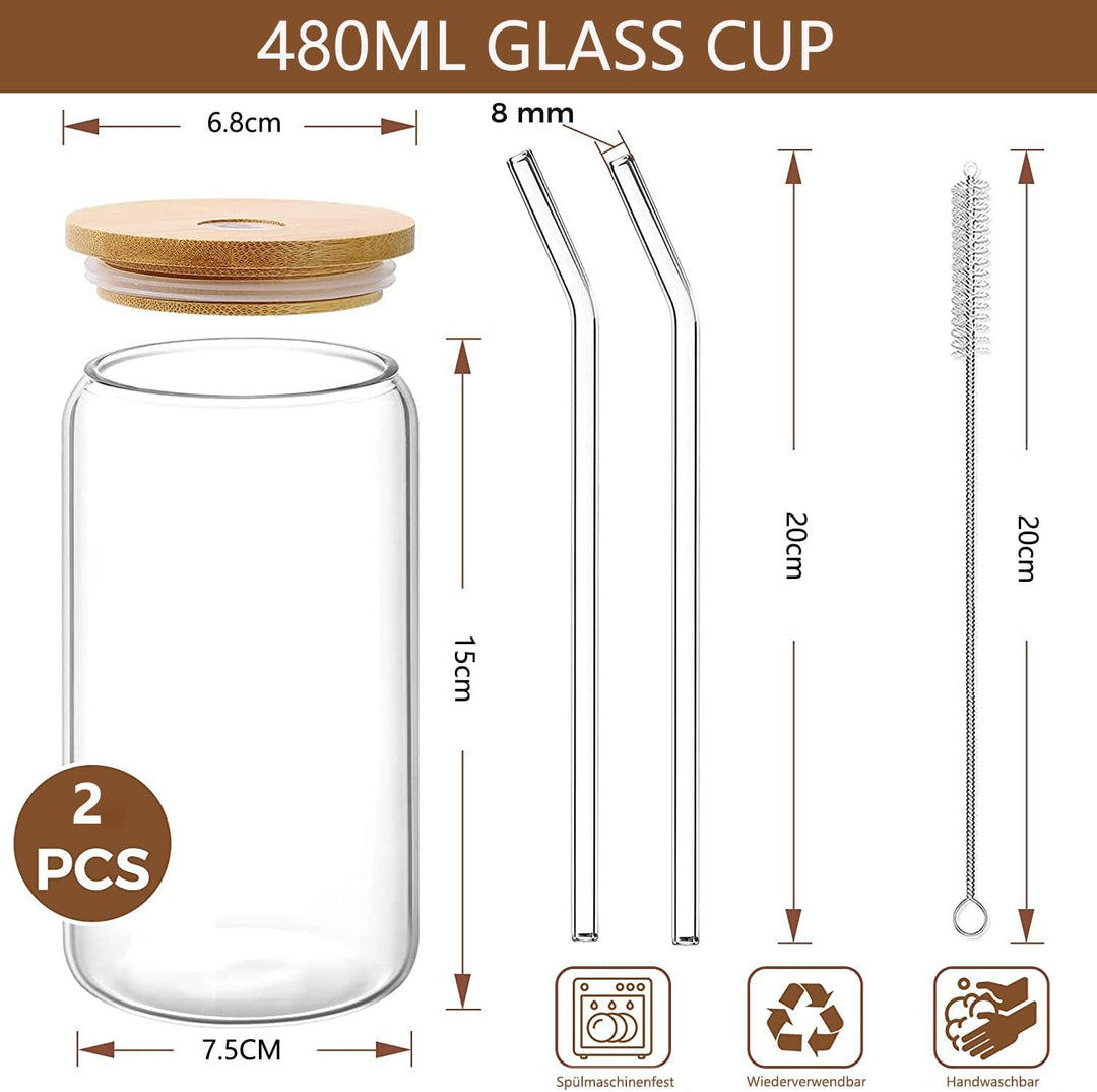 Panngu Bubble Tea Becher mit Deckel und Strohhalm 2er Set, Trinkgläser mit Bambusdeckel und Glasstro