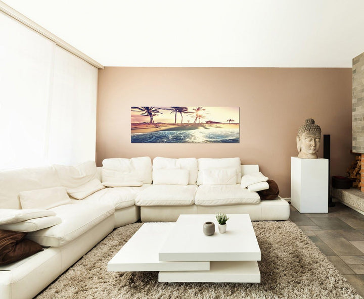 Panoramabild auf Leinwand und Keilrahmen 150x50cm Meer Strand Palmen Sonnenuntergang