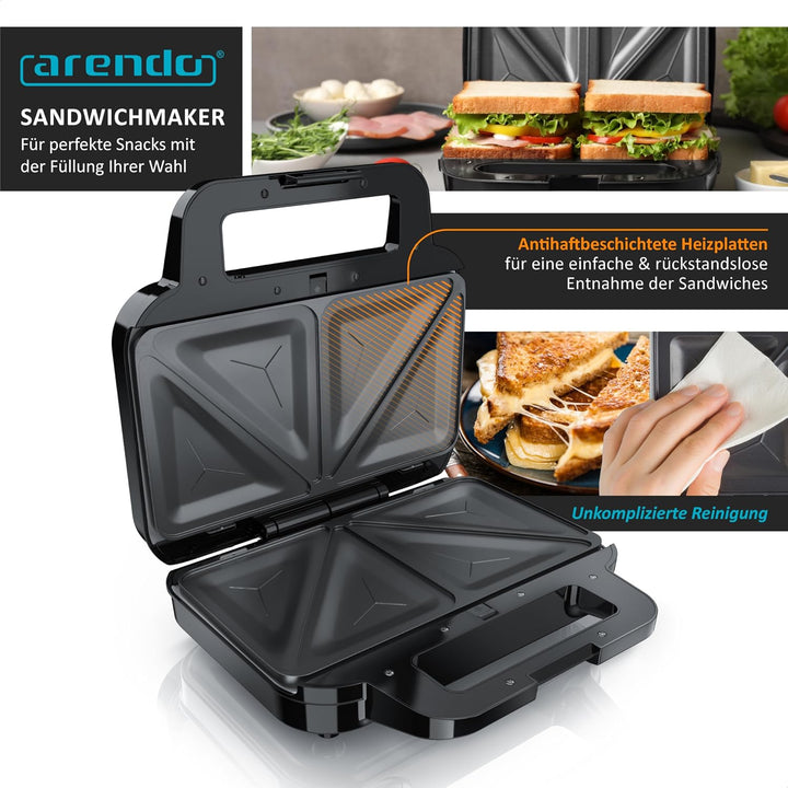 Arendo - Sandwichmaker mit Antihaftbeschichtung - abnehmbare Platten - BPA und PFOA frei - Temperatu