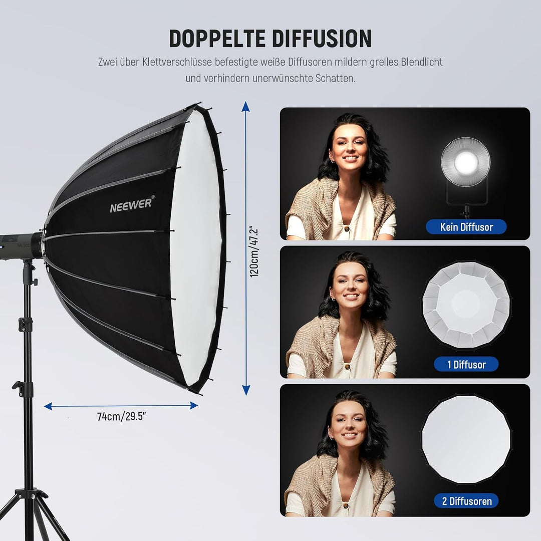 NEEWER 47,2Zoll/120cm Parabolic Softbox Quick Setup Quick Folding, mit Diffusoren/Wabengitter/Tasche