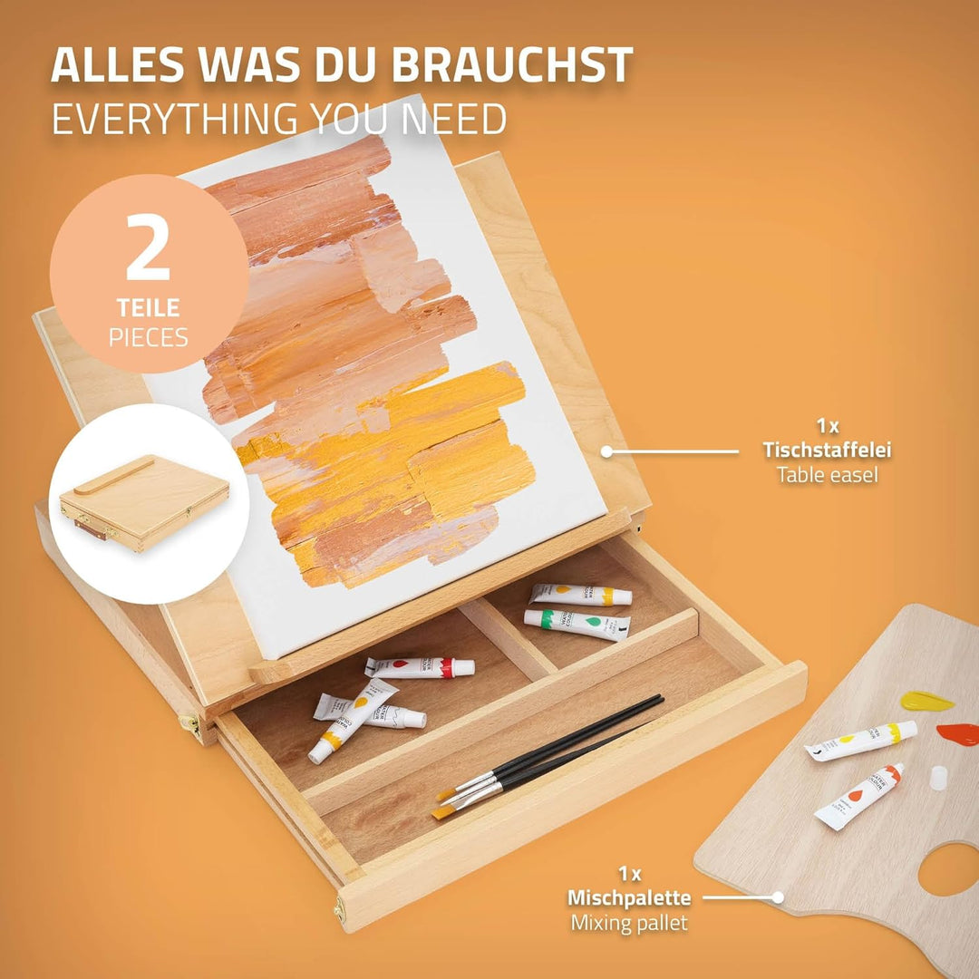 ECD Germany Tischstaffelei aus Holz mit Schublade und Palette, Holzstaffelei klein mit Aufbewahrungs
