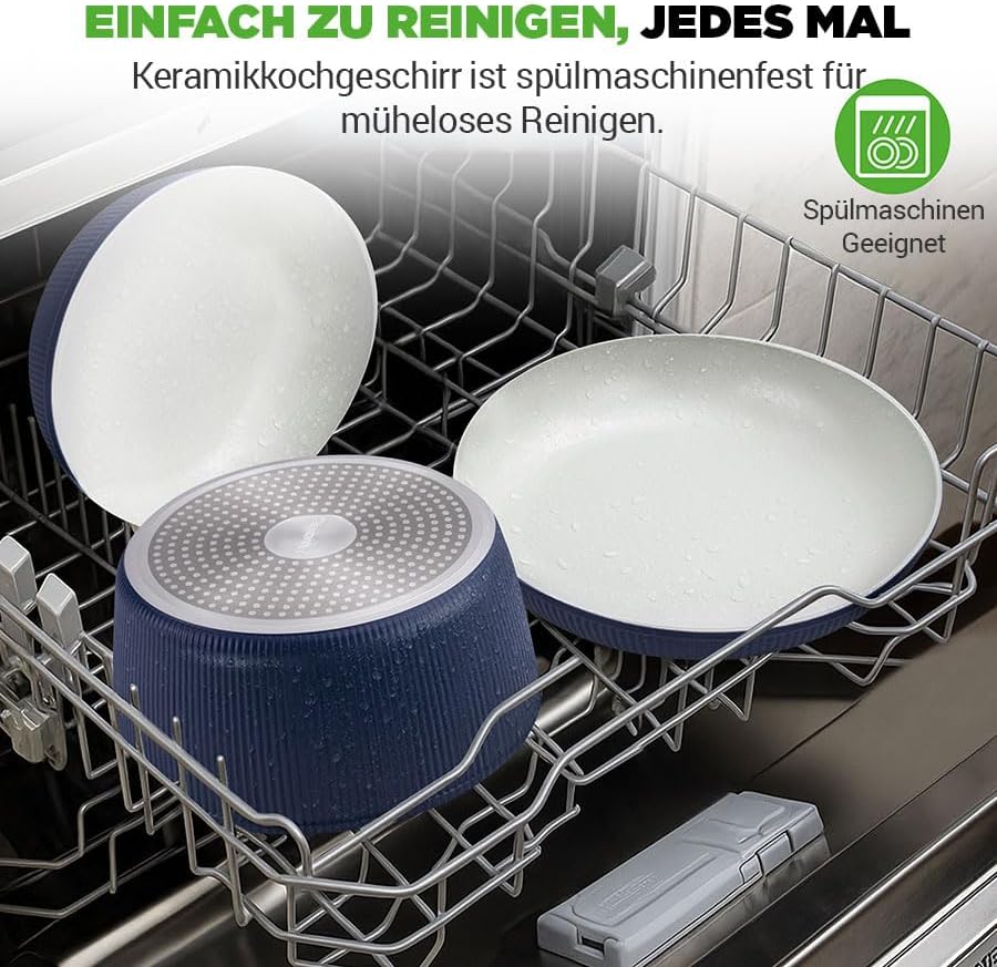 NutriChef Topfset 18 Teilig Keramik Blau mit Abnehmbaren Griffen Induktion Topf und Pfannenset Antih