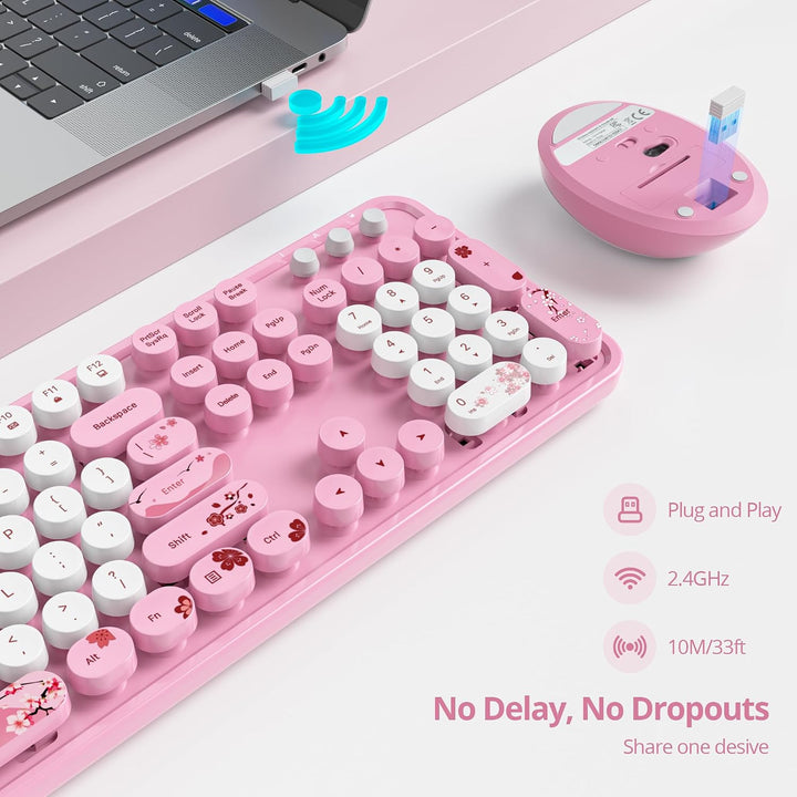 SOLIDEE kabellose Tastatur- und Maus-Kombination,Retro-Schreibmaschinen-Tastatur,2.4GHz runde Tasten