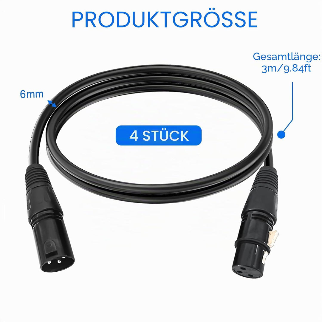 4Pack Dmx Kabel 3m, 3 Pin XLR Kabel Set, XLR-Stecker auf Buchse, XLR Mikrofonkabel, Balanciert DMX K