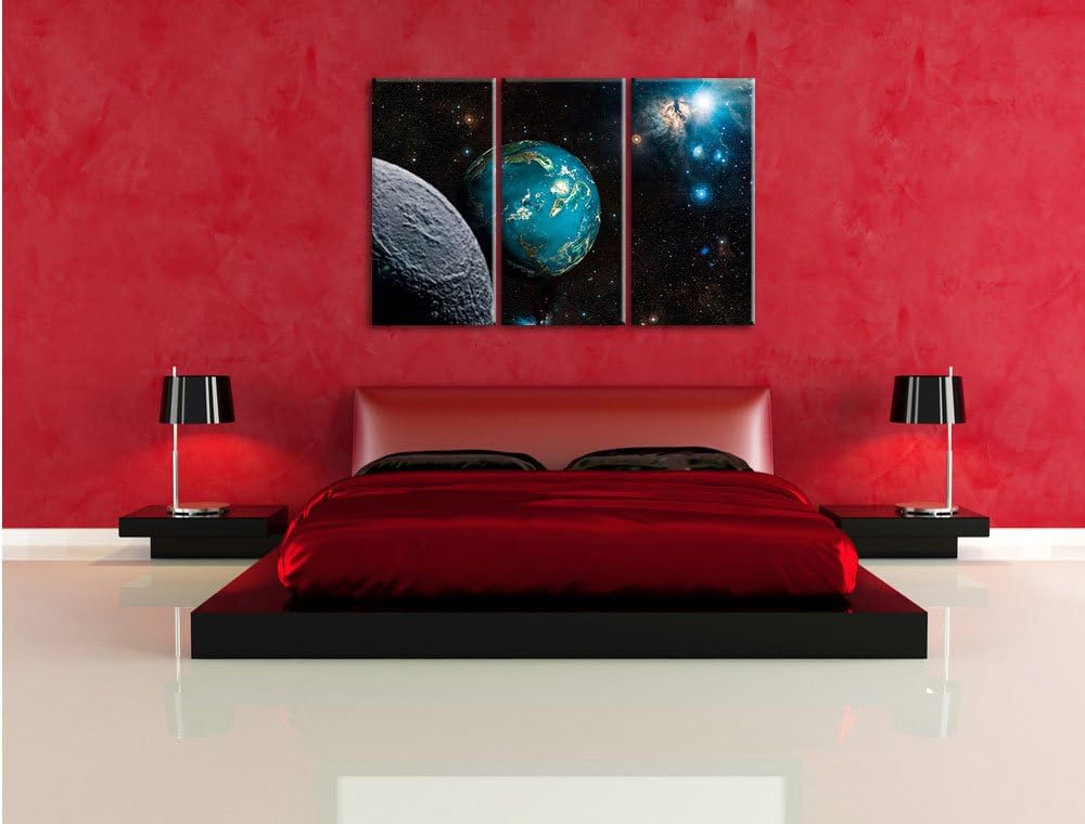Pixxprint Planet Erde im Kosmos als Leinwandbild | Grösse: 3 Teilig (120x80) | Wandbild| Kunstdruck
