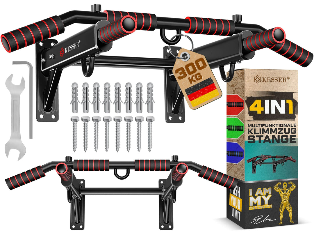 KESSER® 4in1 Klimmzugstange zur Wandmontage rutschfesten Griffen zusätzliche Funktion für Seile Ring