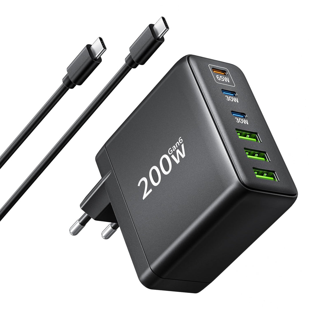 200W USB C Ladegerät, 6 Port Schnellladegerät mit 3 USBC und 3 USBA, GaN Mehrfach Netzteil, PD Charg