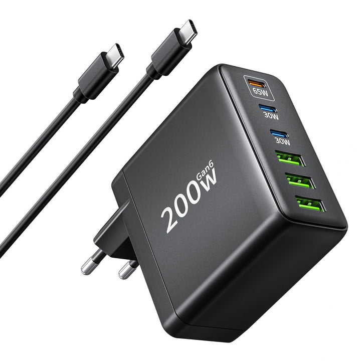 200W USB C Ladegerät, 6 Port Schnellladegerät mit 3 USBC und 3 USBA, GaN Mehrfach Netzteil, PD Charg