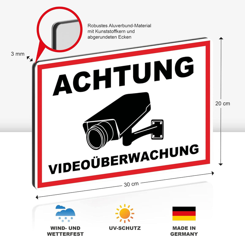 5 Stück Achtung Videoüberwachung Schild 30 x 20 cm Alu 3mm Alu-Dibond stabile Aluminiumverbundplatte