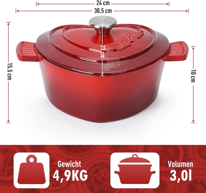 MIAMIO – Emaille Gusseisen Topf in Herzform (3 Liter, 24 cm) / Geschenk zu Weihnachten für alle Herd