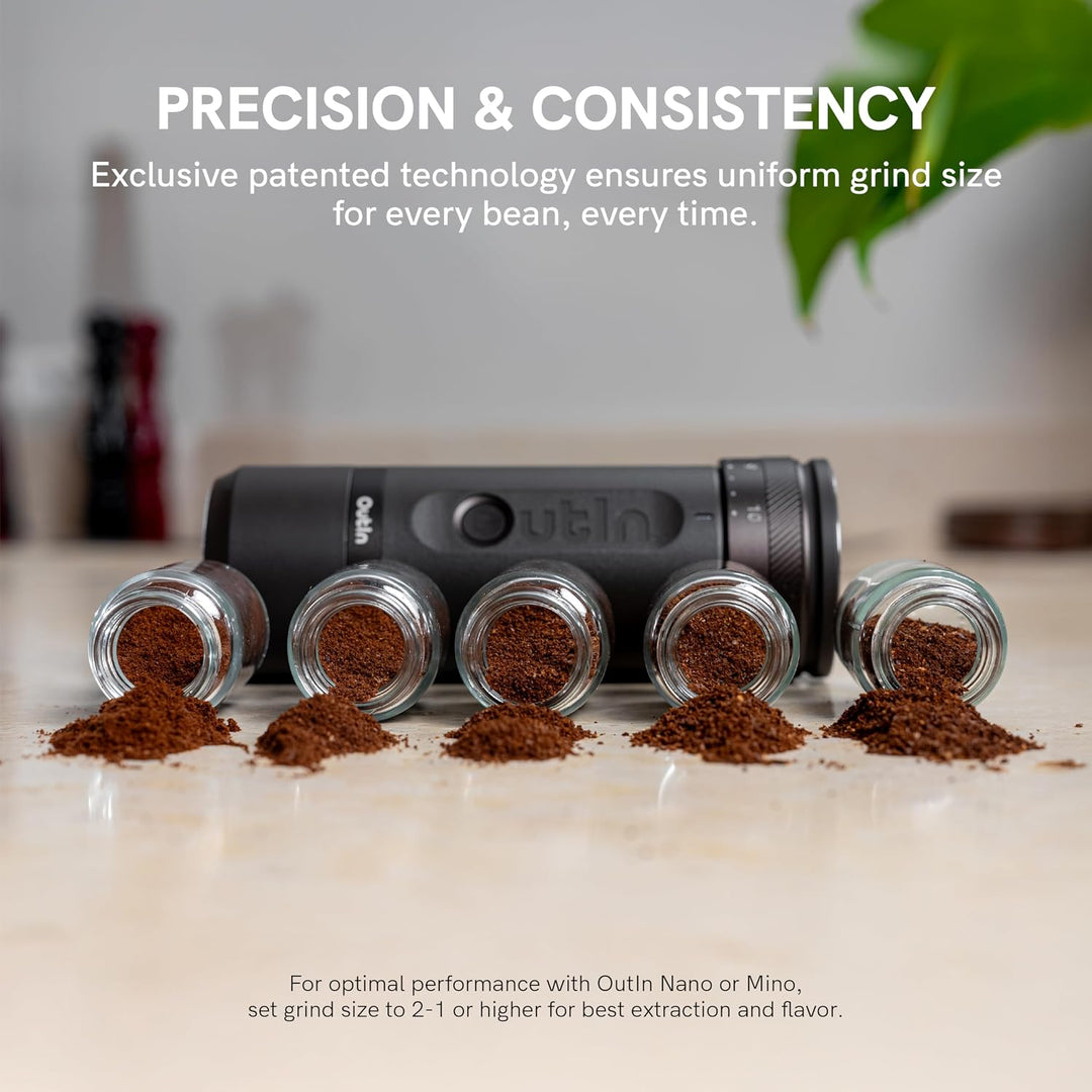 OutIn Fino Tragbare Elektrische Kaffeemühle Kegelmahlwerk - 28 Externe Mahlstufen, 7-Stern-Edelstahl