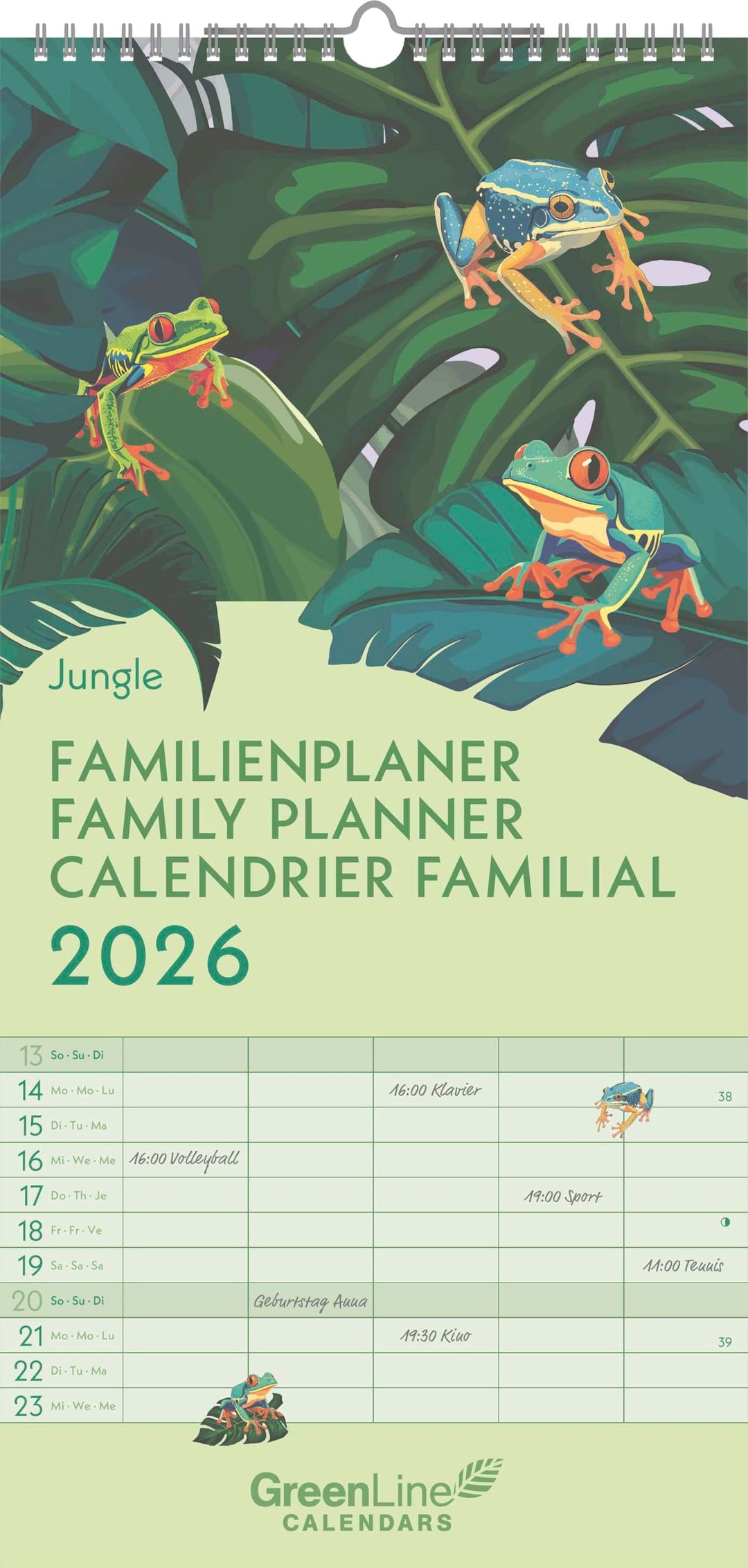 GreenLine - Jungle 2026 – Familienplaner 22x45 cm, nachhaltiger Wandkalender mit 5 Spalten, exotisch