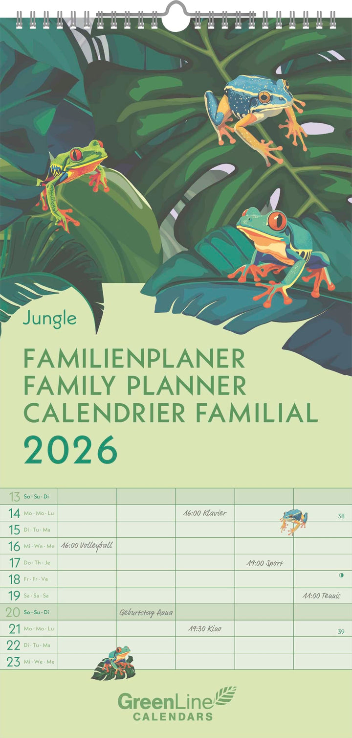 GreenLine - Jungle 2026 – Familienplaner 22x45 cm, nachhaltiger Wandkalender mit 5 Spalten, exotisch