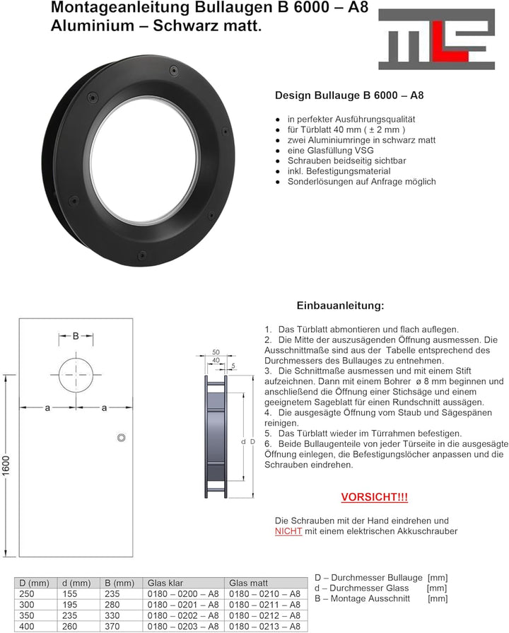 MLS Bullauge B6000, Bullauge für Türen, aus Robustem Aluminium, VSG-Sicherheitsglas, Passend für 40