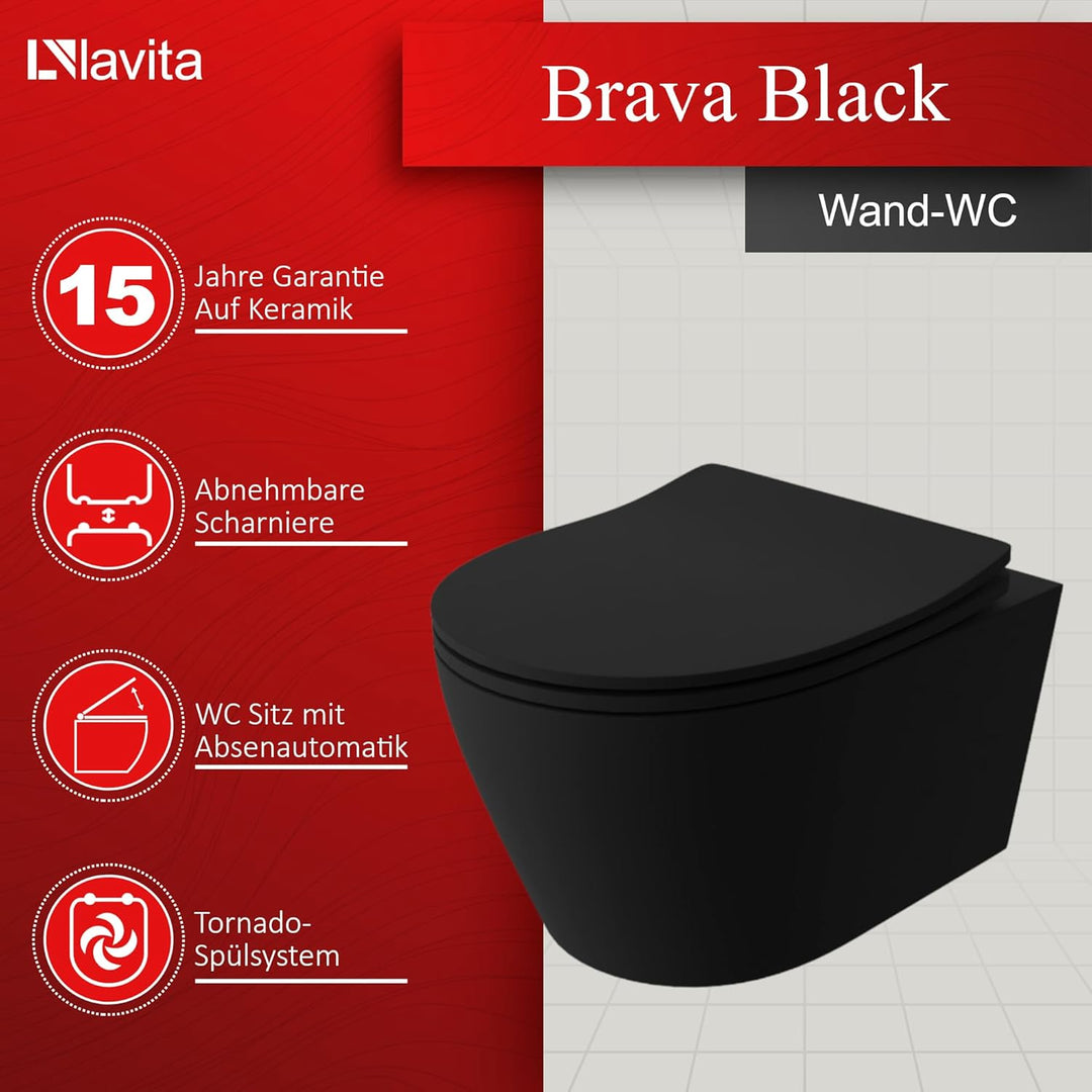 LAVITA Wand-WC Brava Black Hänge Toilette WC Sitz Toilettendeckel mit Absenkautomatik & Metallscharn
