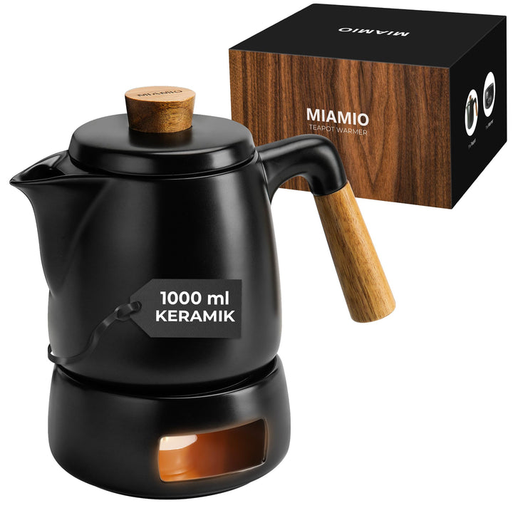 MIAMIO-Teeservice mit Teekanne Keramik (1l) mit Stövchen (Schwarz) | Teeset Teekanne &amp; Stövchen, Tee