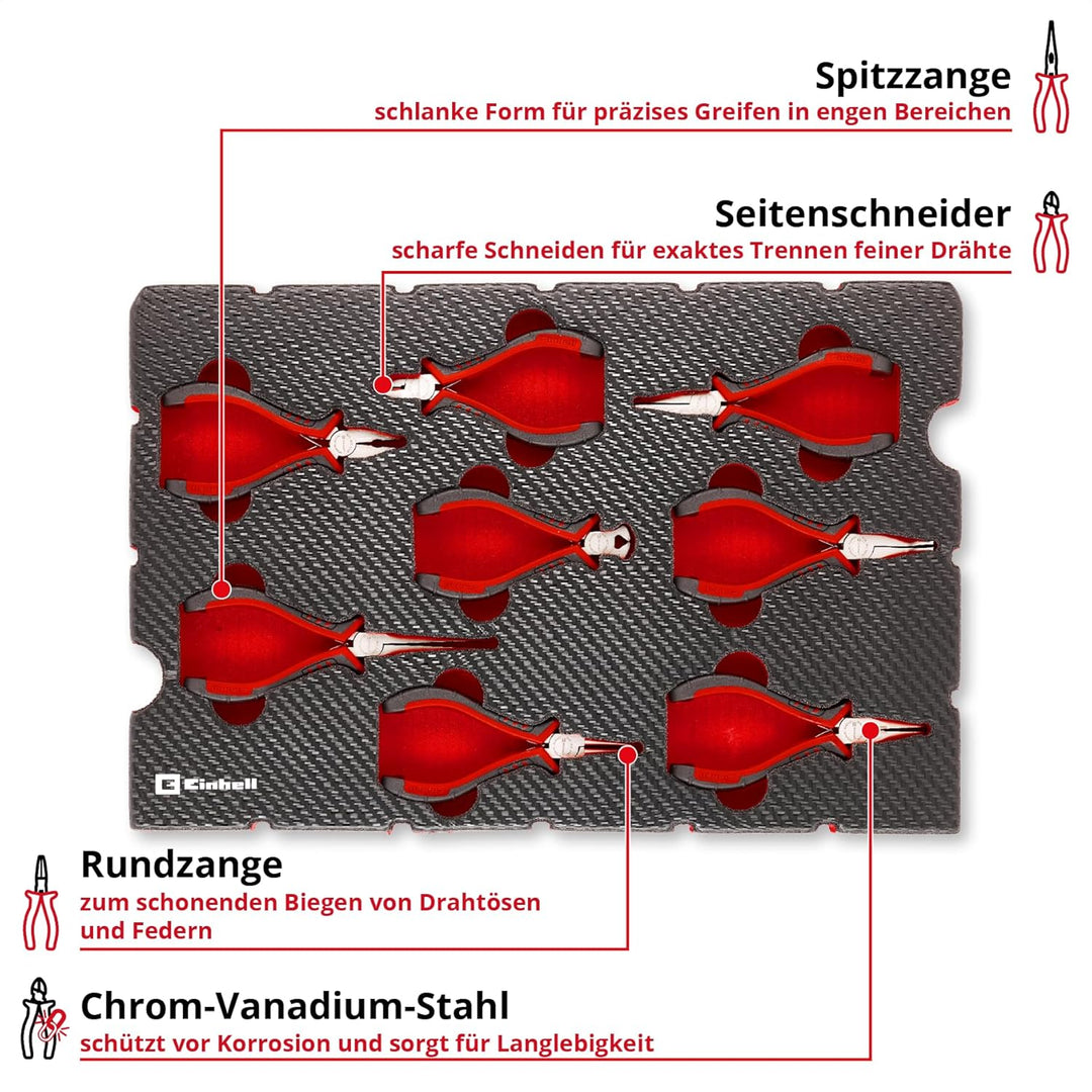 Original Einhell Pad Feinmechaniker-Zangen 8-tlg. (Präzisionszangen, Spitzzange, Rundzange, Flachzan
