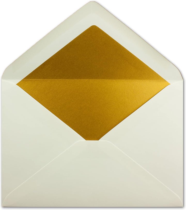 50x DIN C5 Kuverts 15,7 x 22,5 cm in natur-weiss mit goldenem Seidenfutter - Nassklebung - Blanko Br