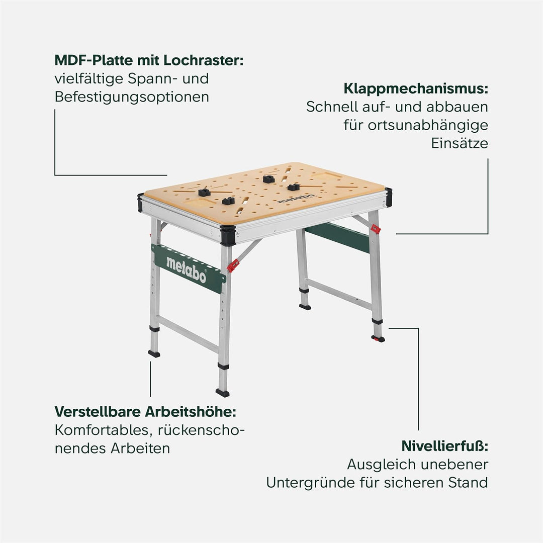 Metabo Multifunktionstisch MWB 100, mobile Werkbank, Arbeitstisch, Werkbank mit höhenverstellbaren S