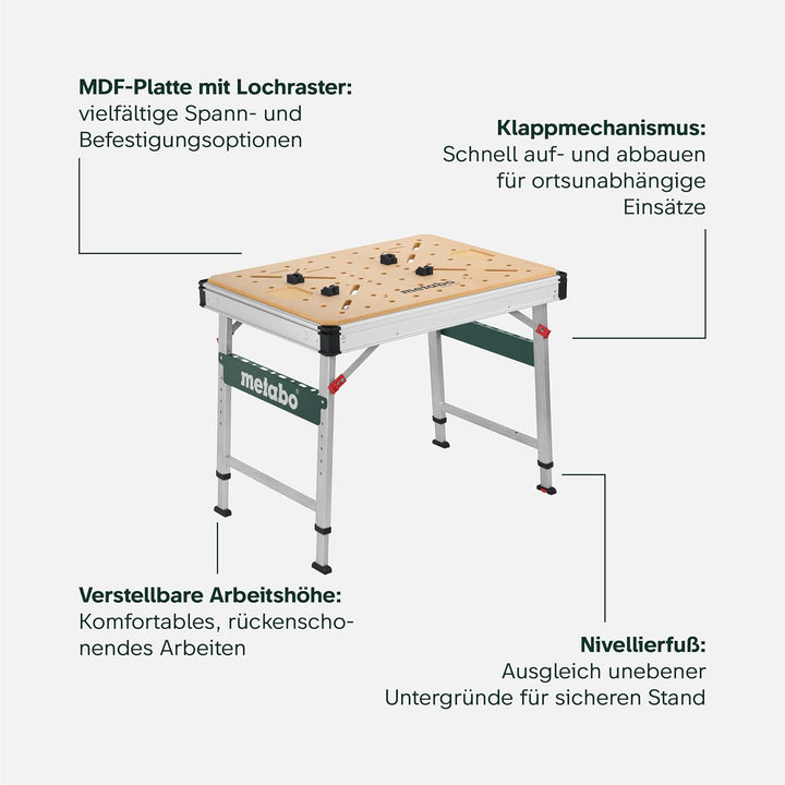 Metabo Multifunktionstisch MWB 100, mobile Werkbank, Arbeitstisch, Werkbank mit höhenverstellbaren S