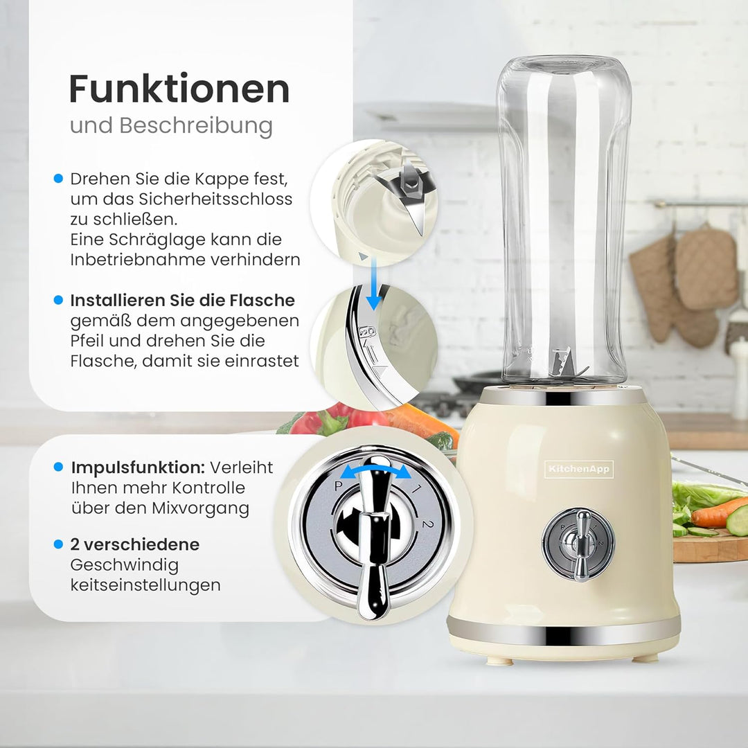 KitchenApp Mixer | Retro-Smoothie-Maker mit 6 Edelstahlklingen | 2 BPA-freie 600-ml-Flaschen | Stand