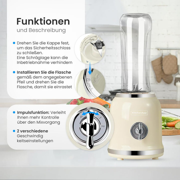 KitchenApp Mixer | Retro-Smoothie-Maker mit 6 Edelstahlklingen | 2 BPA-freie 600-ml-Flaschen | Stand