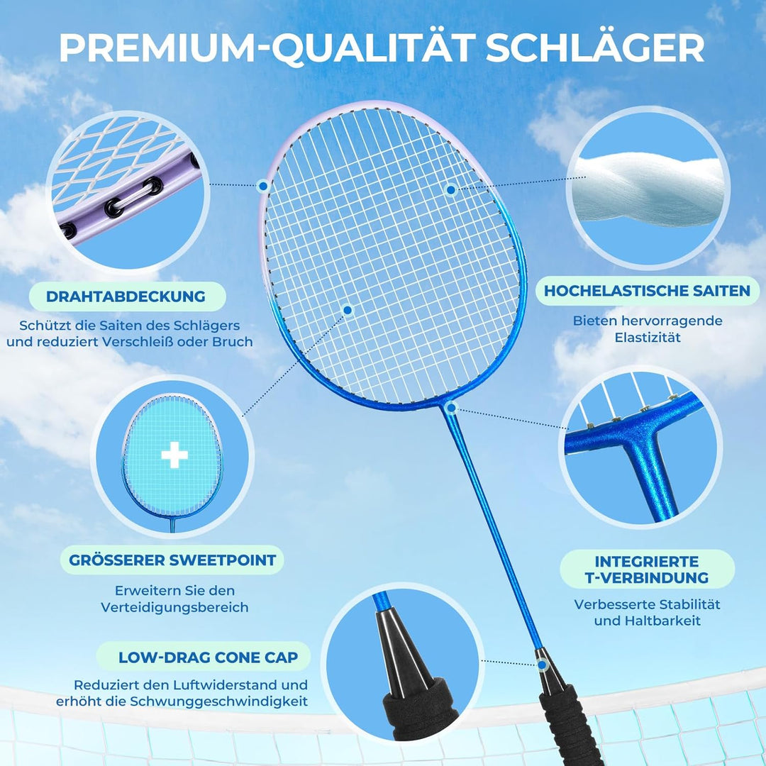 HIRALIY Badminton Schläger für Spiele im Freien, leichtes Federball 4er-Set für Kinder & Erwachsene