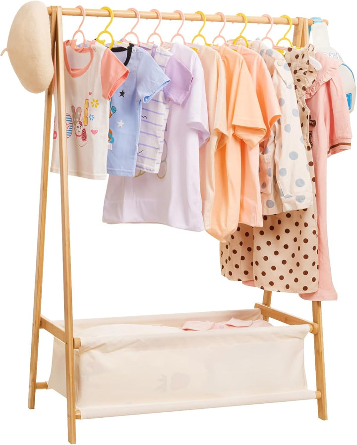 Yorbay Kinder Kleiderständer Bambus Garderobenständer mit Aufbewahrungskiste, Kindergarderobe mit Kl