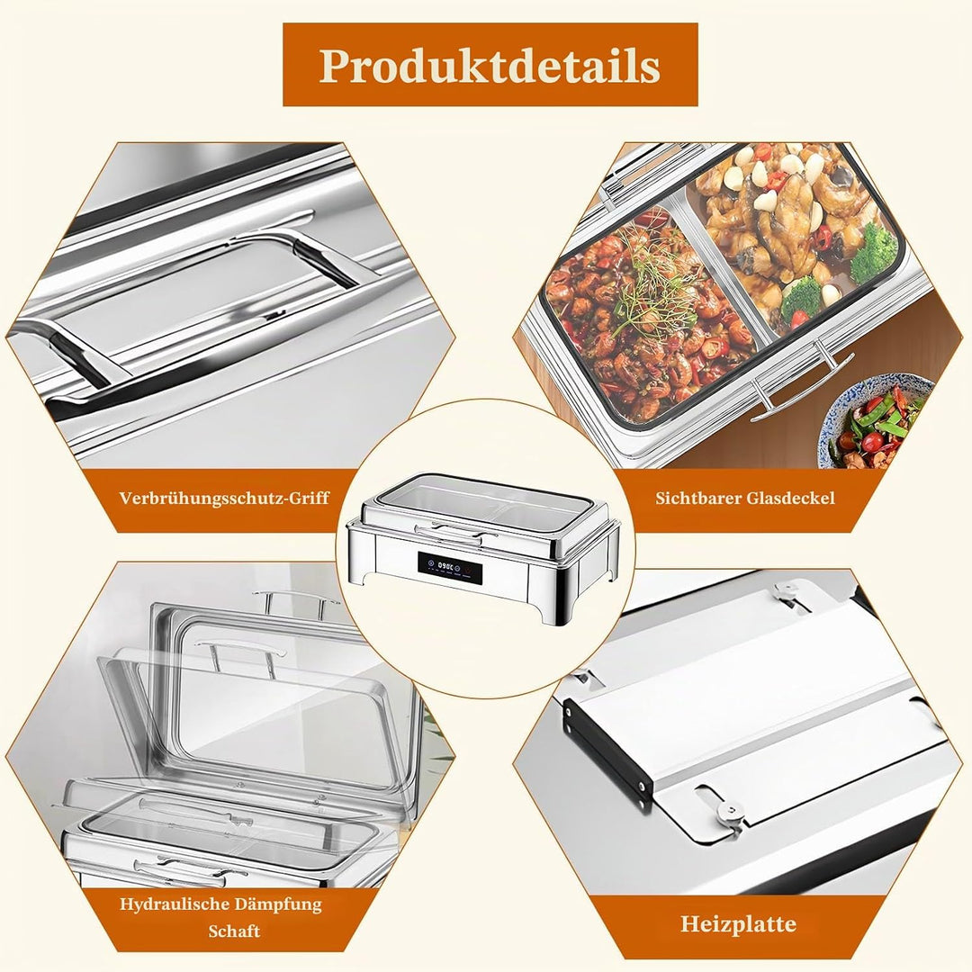 Chafing Dish Elektrisch, 9L Edelstahl Speisewärmer Buffetwärmer Einstellbare Temperatur, Warmhaltebe