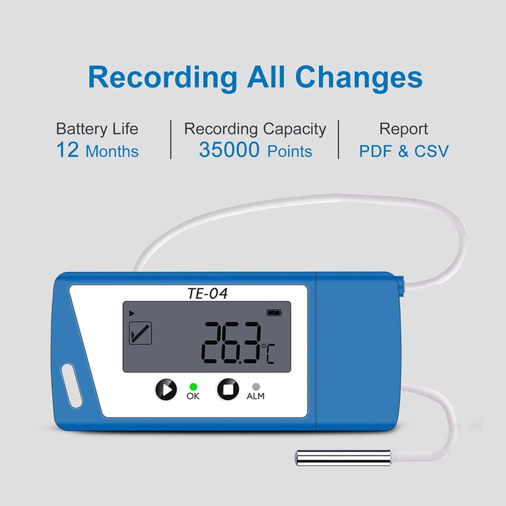 ThermElc Temperaturdatenlogger, Temperaturlogger mit externem Sensor, PDF & EXCEL Bericht, USB Daten