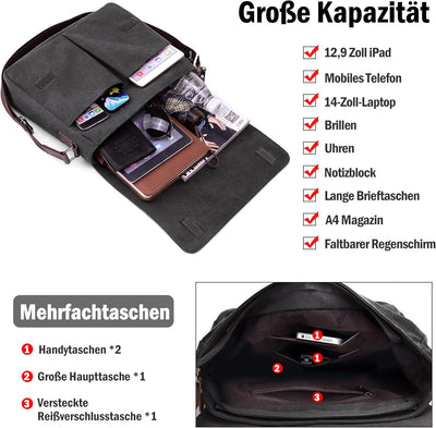 DORRISO Mode Umhängetasche Herren Schultertasche Canvas Schultertaschen für 14 Zoll Laptop Kuriertas