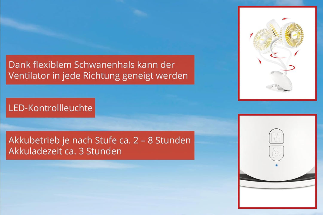UNOLD 86680 Tischventilator Breezy Clip - mit 3-stufiger Geschwindigkeitsregelung, zum Anbringen an