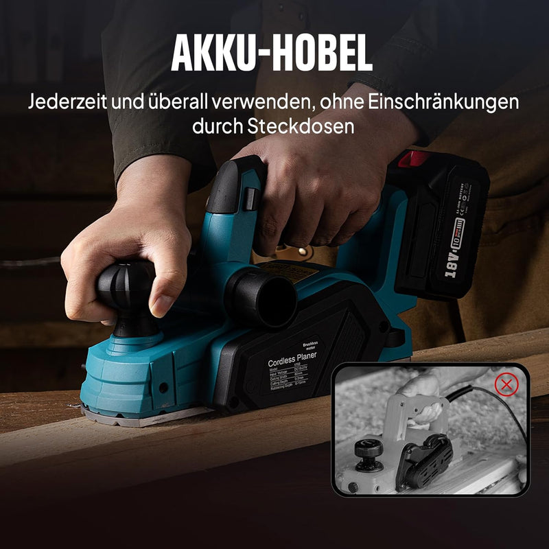 Seesii Kabelloser Elektrohobel mit 5,0 Ah Batterie, Einstellbare Tiefe von 1/8 Zoll, Bürstenloser Mo