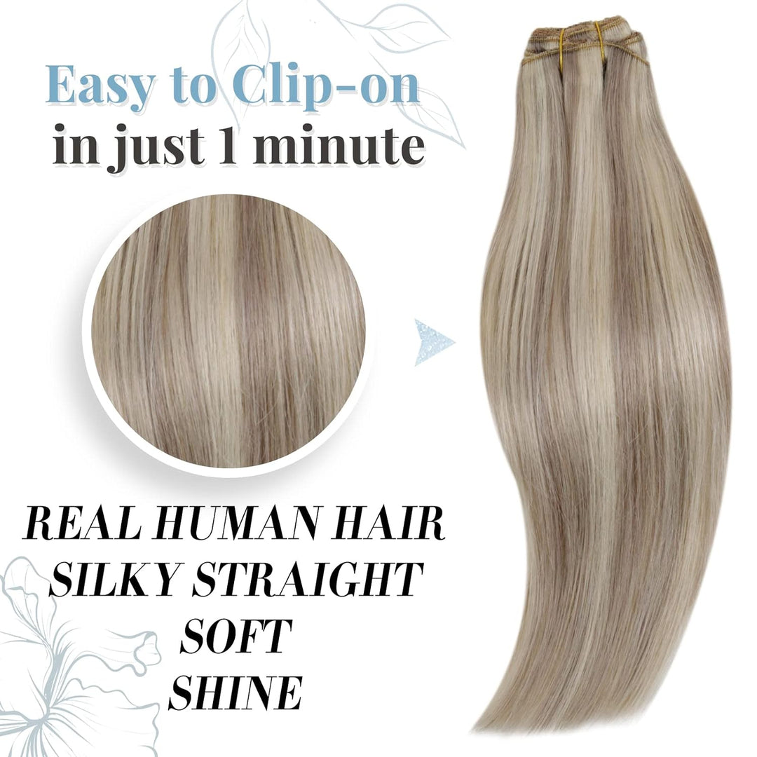 RUNATURE Clip in Echthaar Extensions Dunkel Aschblond mit Platinblond Echthaar Clip in Haarverlanger