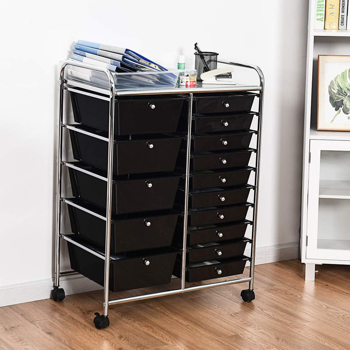 COSTWAY Rollwagen mit 15 stapelbaren Schubladen, Schubladenwagen Rollcontainer mit Metallgestell und